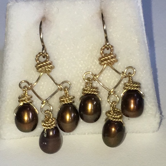 Solid Stamped 14K Yellow Gold Brown Pearl Chandelier Rope Drop Earrings Vintage